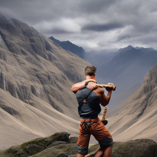 An image showcasing a pair of hands deftly tying a strong, secure knot using thick, rugged rope against a backdrop of a lush, untamed wilderness