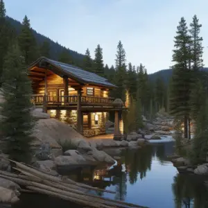 An image showcasing a rugged landscape with towering pine trees, a meandering river, and a handcrafted log cabin nestled in the heart of the wilderness