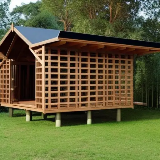 An image showcasing a sturdy wooden shelter nestled amidst a lush forest, fortified with reinforced metal mesh walls, an impenetrable roof, and a secure, lockable door, ensuring protection against wildlife intrusions