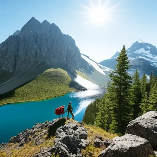 An image showcasing a rugged backpack, bursting with gear, surrounded by majestic mountains, dense forests, and pristine lakes