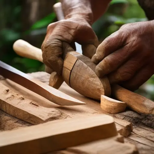 An image of skilled hands carving a sturdy wooden handle for a stone axehead, with sunlight streaming through the dense forest canopy, showcasing the craftsmanship and resourcefulness of crafting basic tools from nature