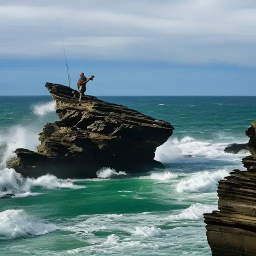 An image featuring a rugged coastline, where a resourceful angler stands knee-deep in the crashing surf