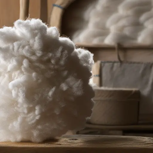 An image showcasing the process of crafting natural insulation for cold environments: Hands delicately layering soft, fluffy wool onto a wooden frame, sunlight streaming through a nearby window, casting a warm glow on the fibers