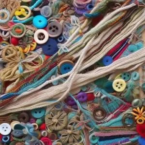 An image showcasing a pair of hands delicately weaving together colorful strands of recycled yarn, surrounded by a vibrant array of upcycled materials like buttons, beads, and fabric scraps, symbolizing crafting with sustainability in mind
