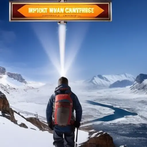 An image depicting a snowy mountain landscape, with a hiker wearing proper winter gear, lighting a campfire, and surrounded by warning signs about hypothermia risks