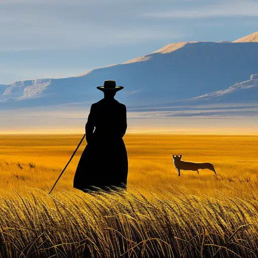 An image showcasing a vast savannah landscape with a silhouette of a vigilant human figure, armed with a walking stick, cautiously observing a distant lioness prowling amidst the golden grass, highlighting the inherent dangers of large mammal predators