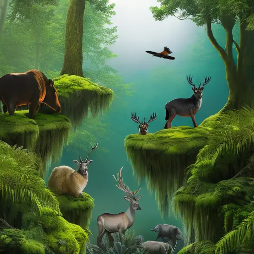 A compelling image showcasing a lush forest setting with a diverse range of wild animals, including insects, birds, and mammals