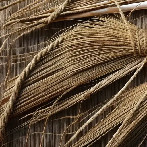 An image showcasing a pair of skilled hands deftly twisting and weaving together strips of dried plant fibers, producing an intricate, sturdy rope