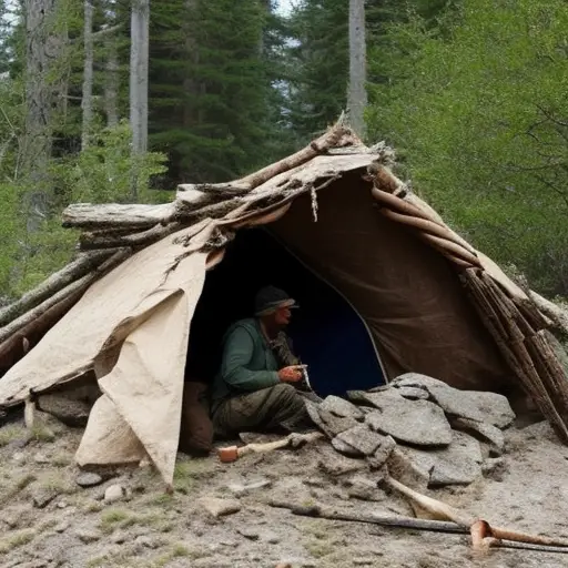 An image showcasing a rugged, outdoor scene with a resourceful adventurer constructing a makeshift shelter using found materials, while ingeniously crafting DIY wilderness gear, evoking a sense of self-reliance and innovation