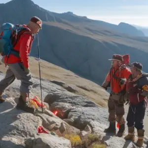 An image that showcases a rugged landscape with a hiker applying pressure to a bleeding wound, another hiker constructing a makeshift splint, and a third hiker signaling for help with a brightly colored emergency whistle