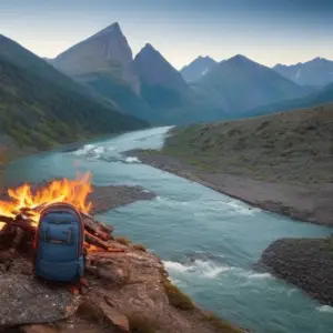 An image showcasing a rugged backpack, filled with a compass, fire starter, multi-tool, water purification tablets, emergency blanket, first aid kit, and a sturdy flashlight, against a backdrop of towering mountains and a flowing river