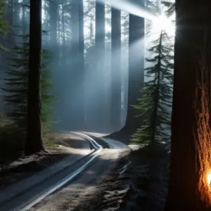 An image that showcases a rugged, weather-resistant headlamp illuminating a dense forest at night, revealing a trail leading to safety