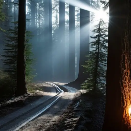 An image that showcases a rugged, weather-resistant headlamp illuminating a dense forest at night, revealing a trail leading to safety