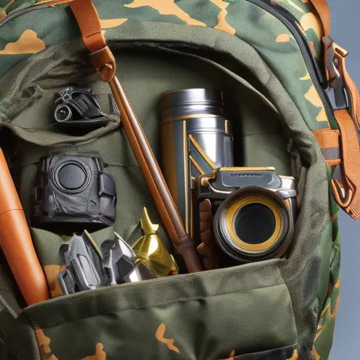 An image showcasing a rugged backpack with a camouflage pattern, adorned with a variety of essential tools for wildlife defense such as a sturdy knife, binoculars, a compass, a snakebite kit, and a waterproof camera