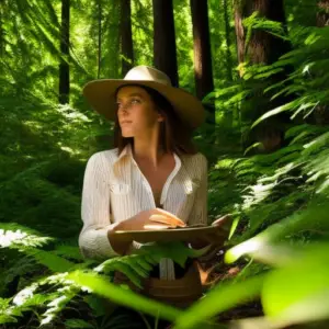 An image of a person wearing a wide-brimmed hat and gloves, carefully inspecting a vibrant forest floor for wild edible plants