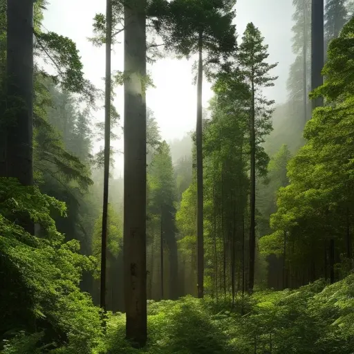 An image showcasing a lush forest with diverse flora, where skilled individuals employ eco-friendly techniques such as selective logging, reforestation, and controlled grazing, symbolizing the harmonious coexistence between resource extraction and environmental preservation