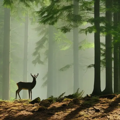 An image capturing a serene forest scene, with a deer cautiously peering at a human observer from behind dense foliage, highlighting the profound impact of human presence on animal behavior