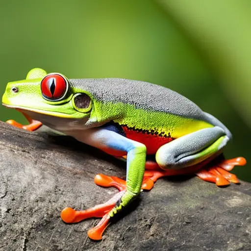 An image depicting a close-up view of a vibrant red-eyed tree frog with brightly colored skin patterns, juxtaposed with a venomous coral snake showcasing its distinctive alternating black, yellow, and red bands