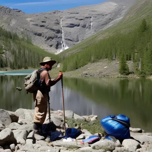 An image showcasing a seasoned hiker in pristine wilderness, carefully picking up litter left by others, demonstrating ethical behavior