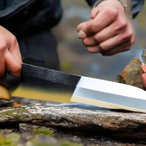 An image showcasing a pair of hands meticulously sharpening a survival knife against a coarse whetstone, with water droplets glistening on the blade