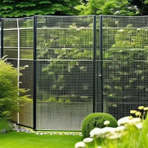 An image showcasing a sturdy, high-tensile wire fence with a secure gate, encircling a lush garden