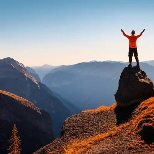 An image showcasing a person standing on a mountaintop, arms outstretched, holding a bright orange signaling flag