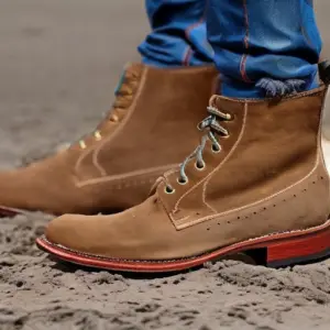 An image showcasing a pair of worn leather boots, bearing scars of countless adventures