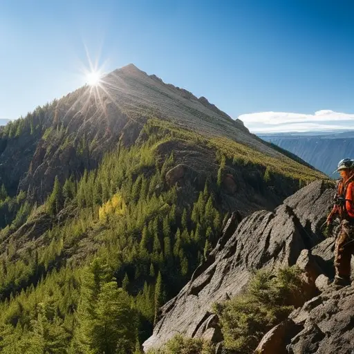 An image showcasing a lush, untamed wilderness with a hiker crossing a rugged terrain, relying on a multitool to conquer various obstacles such as cutting through foliage, repairing gear, and starting a fire