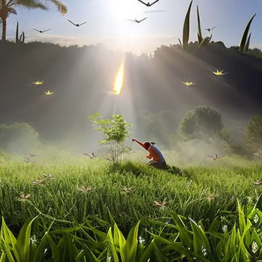 An image showcasing a bright, sunlit summer scene with a person applying soothing aloe vera gel to a swollen mosquito bite, while nearby, a swarm of menacing mosquitoes is repelled by citronella candles