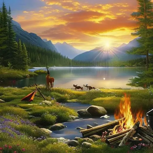 An image capturing the serene ambiance of a wilderness campsite: a sun-kissed meadow, dappled with vibrant wildflowers, nestling beside a crystal-clear river, where a cozy campfire glows beneath a star-studded night sky