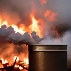 An image showcasing the process of crafting char cloth: a close-up shot of a tin container filled with tightly folded cotton fabric, held over a roaring campfire, capturing the delicate wisps of smoke rising from the container
