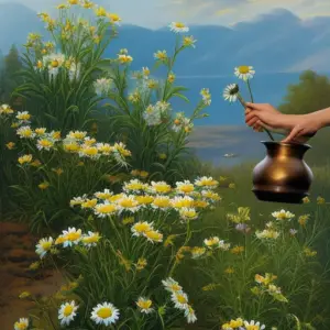 An image featuring a pair of skilled hands delicately plucking vibrant chamomile flowers from a sun-drenched meadow, while nearby, a mortar and pestle patiently await their turn to transform the botanical treasures into healing remedies