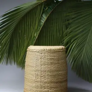 An image depicting a handcrafted container made from tightly woven palm fronds, lined with resin-coated leaves, protecting its contents from raindrops bouncing off its water-resistant surface