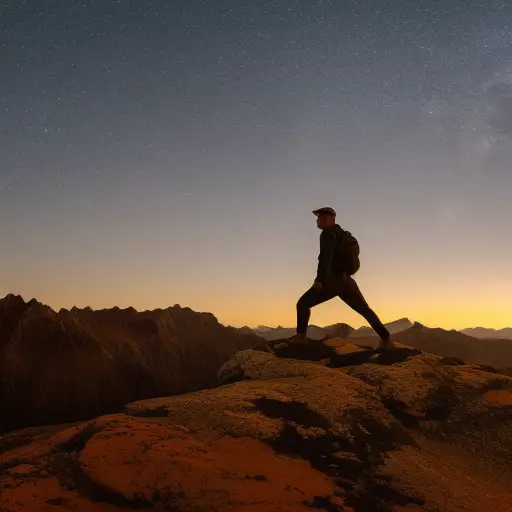 An image depicting a solitary adventurer standing atop a rugged mountain peak at dusk, surrounded by an expansive wilderness