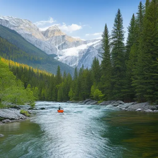 An image showcasing a lone angler on a rocky riverbank, wearing a vibrant orange life jacket, surrounded by dense forest and breathtaking mountain peaks, emphasizing the importance of safety while fishing in untamed waters