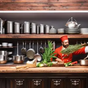 An image depicting a rustic kitchen scene with a seasoned chef wearing gloves, meticulously trimming and marinating a succulent piece of venison, surrounded by an array of fresh herbs, spices, and a sizzling grill