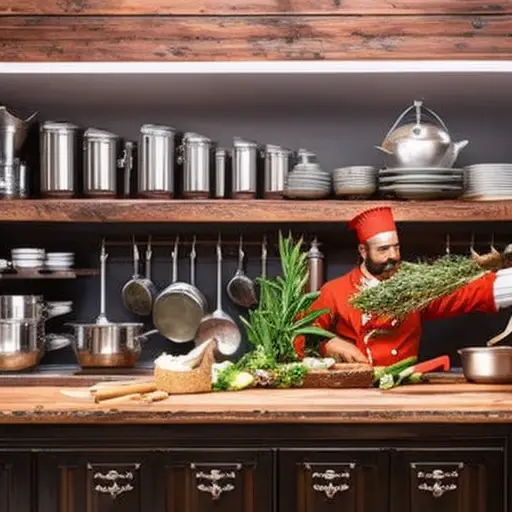 An image depicting a rustic kitchen scene with a seasoned chef wearing gloves, meticulously trimming and marinating a succulent piece of venison, surrounded by an array of fresh herbs, spices, and a sizzling grill