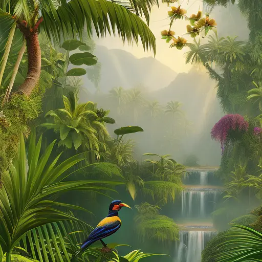 An image showcasing a lush tropical rainforest bathed in golden sunlight, where vibrant orchids and rare birds with vibrant plumage thrive