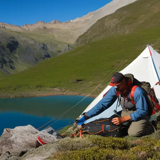 An image of a rugged backpacker, surrounded by a picturesque wilderness, skillfully stitching a torn tent, with a multitool and repair patches scattered nearby, showcasing the art of repairing gear in the wild