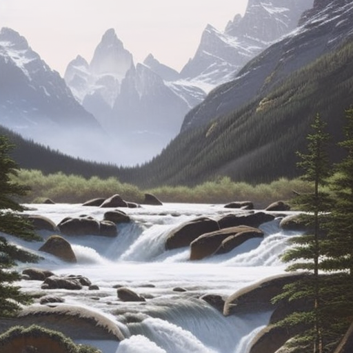 An image showcasing a vast wilderness with a towering mountain range, untouched forests, and a meandering river