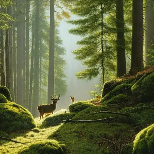 An image featuring a serene forest scene where a curious observer, hidden behind moss-covered rocks, quietly observes a family of deer grazing peacefully in a sunlit clearing, undisturbed by their presence