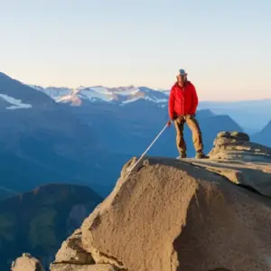 An image of a hiker standing on a mountaintop, confidently holding a sturdy compass with a clear, rotating dial