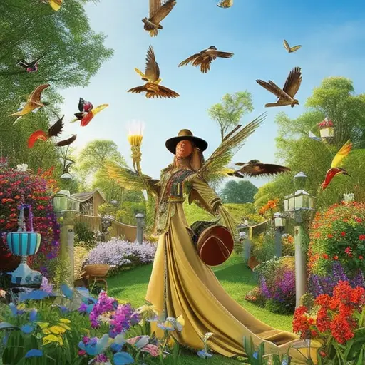 An image depicting a serene garden scene with a tall, sturdy scarecrow wearing a wide-brimmed hat, its outstretched arms adorned with shiny wind chimes, while a group of colorful songbirds frolic fearlessly nearby