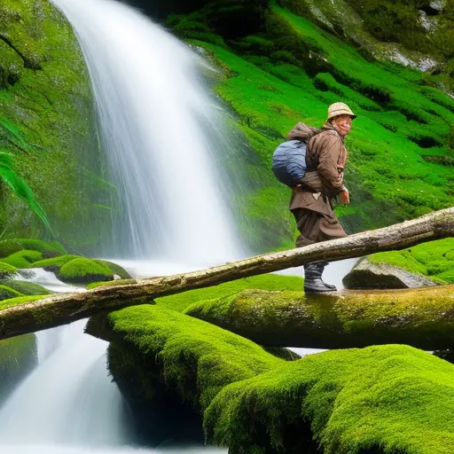 An image depicting a person carefully stepping on a sturdy, moss-covered log across a rushing river