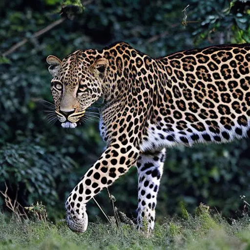 An image capturing a graceful leopard, its sleek body concealed amidst dense foliage, as it silently stalks its prey