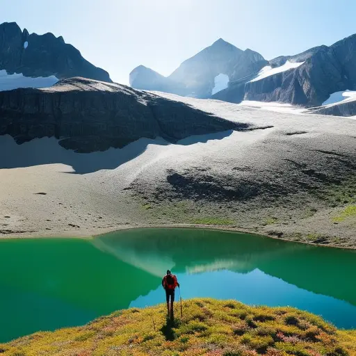 An image of a lone hiker standing atop a majestic mountain peak, surrounded by vibrant alpine meadows