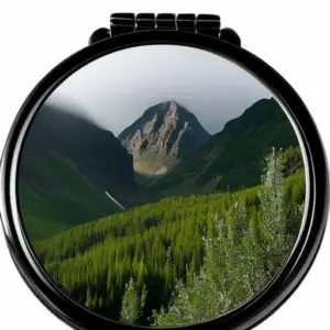 An image showcasing a hiker's reflection in a compact mirror nestled amidst lush greenery