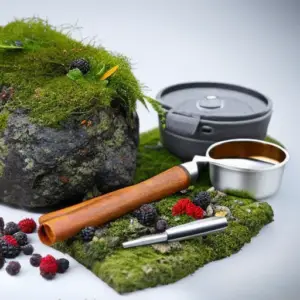 An image showcasing a rugged outdoor scene with a compact survival kit laid out on a moss-covered rock