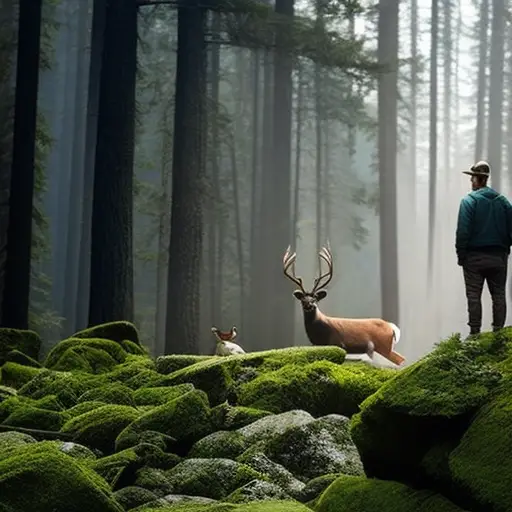 An image featuring a serene forest background with a person softly observing a majestic deer from a safe distance, highlighting the do's of respectful interaction, while contrasting with a person aggressively approaching a startled bear as an example of don'ts