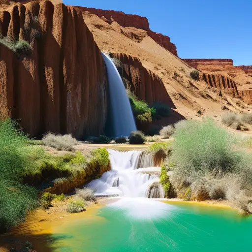 An image showcasing a lush, vibrant oasis in a desert, with crystal-clear streams meandering through the sand dunes